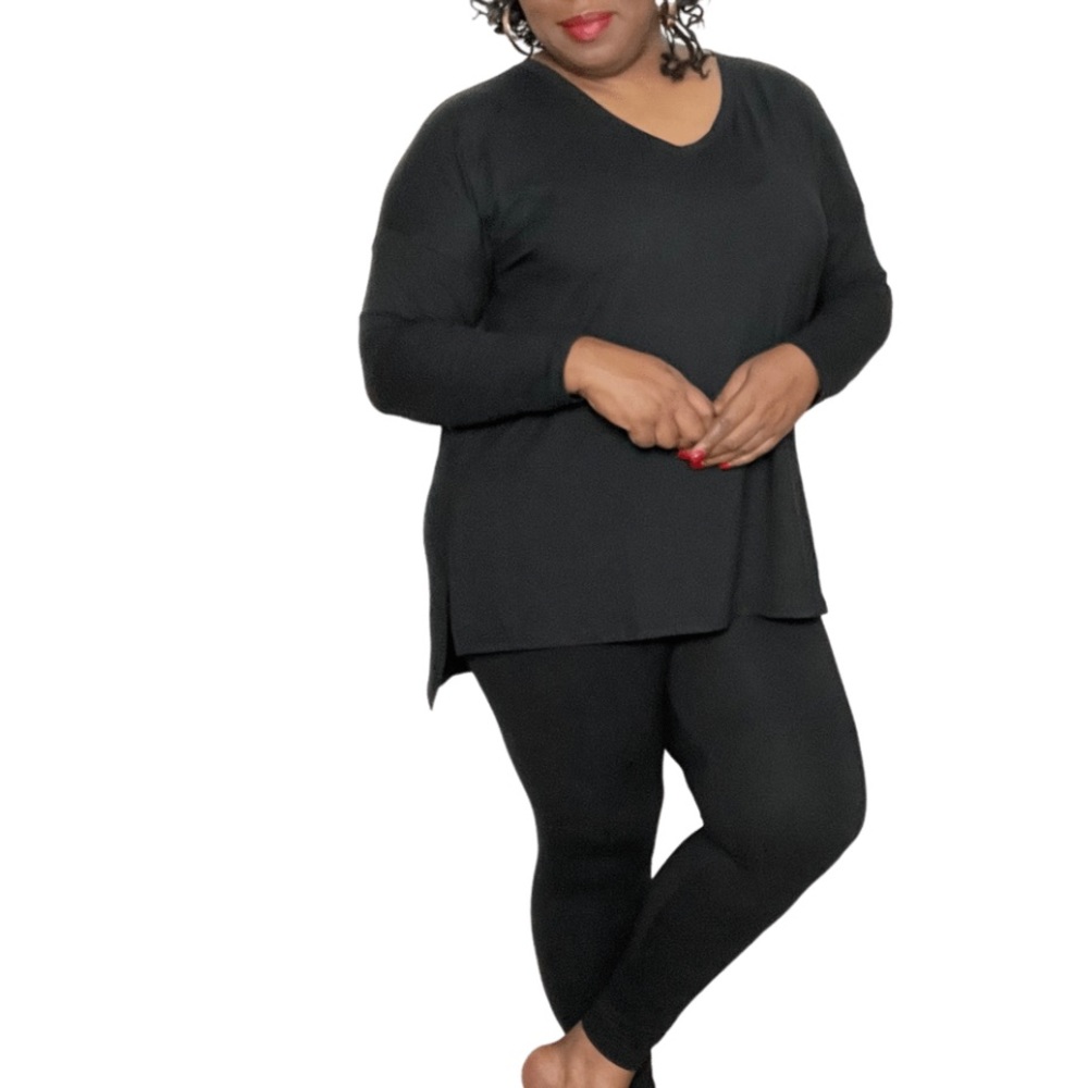 Plus Size Microfiber Long Sleeve Microfiber Top & Leggings Loungewear Set Black